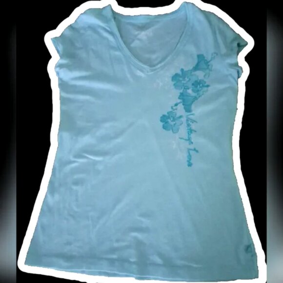 Garage Women's Sky Blue Floral Short Sleeve V-Neck Tee, Large - Picture 1 of 15